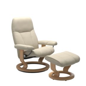 Stressless Consul Large Leather Recliner Chair & Footstool, Batick Cream